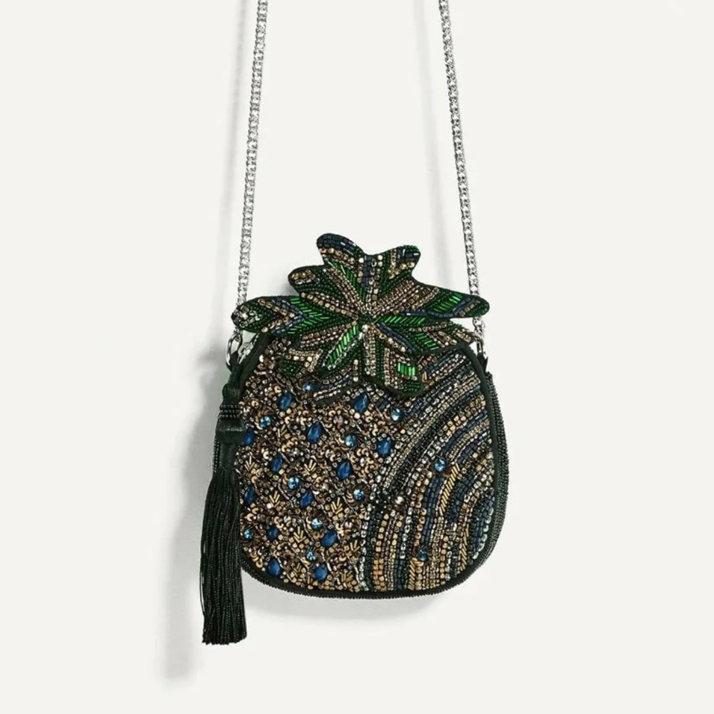 ZARA HANDMADE BEADED EMBELLISHED PINEAPPLE HANDBAG CROSSBODY BAG